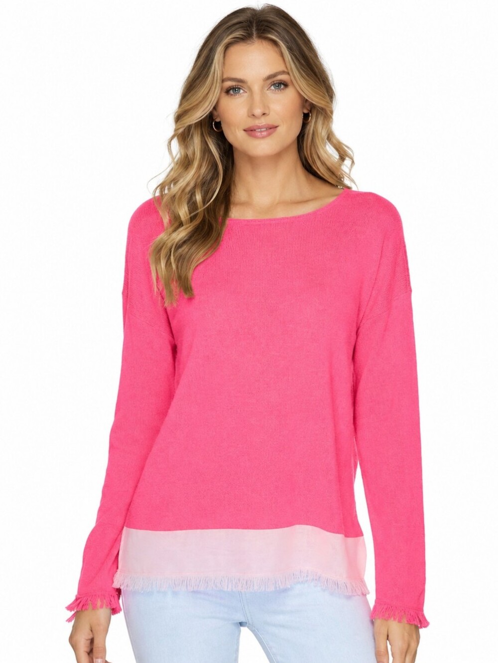Lilly Pulitzer 100% Cashmere Med Pullover Knit Sweater Fringe Hem & Sleeve Pink